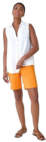 Roman Originals Stretch Shorts for Women UK Ladies Pull On Turned Hem Cut Off Bengaline Mom Boyfriend Boy Denim Casual Cropped Pants Capri Slim Fit Turn Up Summer Crops Mother - Mango - Size 10