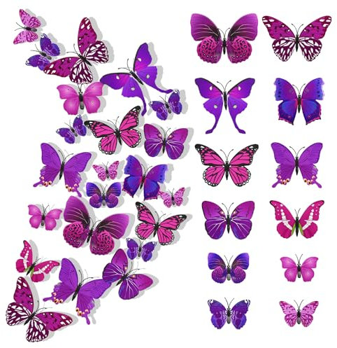 24 Stück 3D Schmetterlinge Deko Schmetterling Wanddeko Wandaufkleber Schmetterlinge Butterfly Dekoration Wandtattoo Abnehmbare Wandaufkleber Heimdeko Kinderzimmer Schlafzimmer Deko (L)