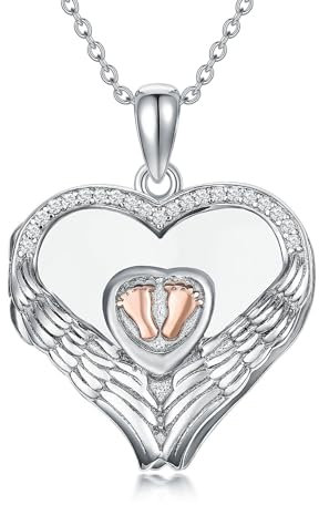 POPLYKE Engel Flügel Medaillon Halskette für Frauen Sterling Silber Fu?abdrücke Foto Anh?nger Halskette Schmuck Geschenke