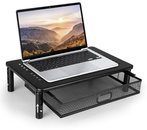 seOSTO Rehausseur Ecran PC Bureau, Multifonctionnel Support Moniteur, Réhausseur d'Écran 3 Hauteurs Réglables, Surelevateur Ecran Bureau avec tiroir, pour Moniteur PC, Moniteur, Ordinateur Portable