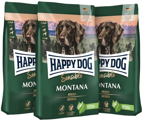Happy Dog Sensible Montana mit Monoprotein Pferd, Vorteilspack 3x4 kg | Für ausgewachsene Hunde ab 11 kg, getreidefrei, mit Monoprotein Pferd, für ernährungssensible Hunde