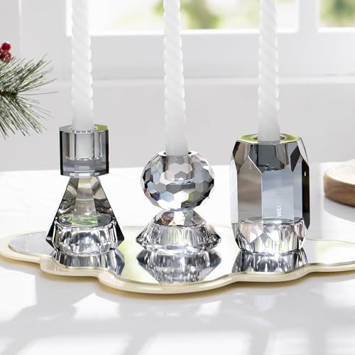 WELTRXE Kristall Kerzenhalter, 3er Set transparente Teelichthalter für Stabkerzen und Teelichter, 2-in-1-Design-Kerzenhalter aus Kristall für Tischdekorationen, Hochzeiten, Party (Grau)