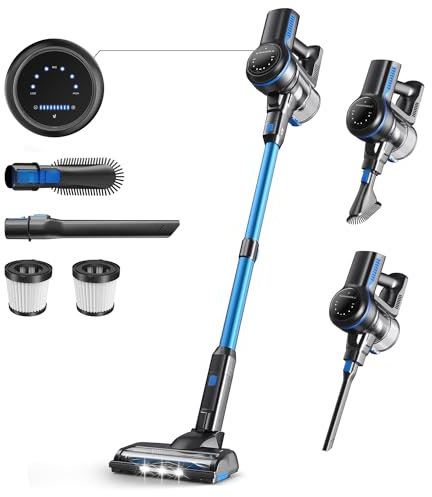 Aspirapolvere Senza Fili, Scopa Elettrica Senza Fili Potente 26Kpa 265W, 6 in 1 Leggero, 45Min Autonomia, Batteria Rimovibile, Luci LED, Aspirapolvere per Peli Animali Pavimenti Tappeti