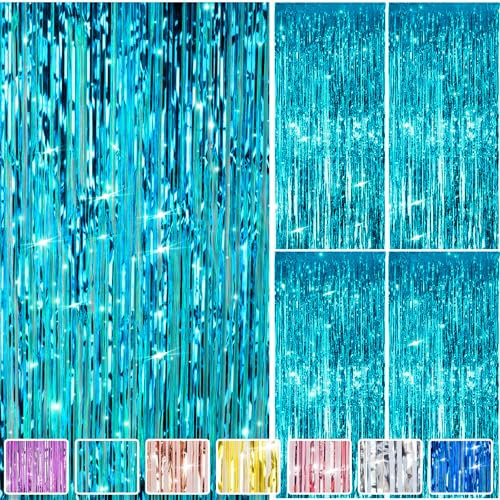 UIEHII 4PCS Lametta Vorhang Hellblau 1mx2m Glitzervorhang Lametta Glitzer Vorhang Geburtstag Lamettavorhang Vorhänge Folien Luftschlangen Party Deko Hintergrund für Geburtstagsdeko Silvester Hochzeit