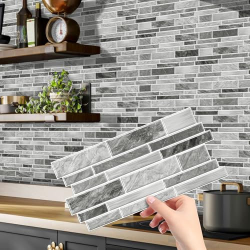 Azulejos Adhesivos Cocina 12x24.6 cm Mármol Gris De Cemento Azulejos Adhesivos Baño Impermeables Azulejos Adhesivos Vinilos Decorativos Muebles Vinilos Baño Azulejos 48 Piezas