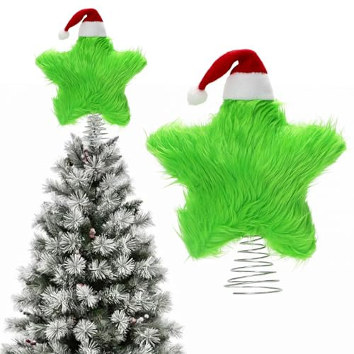 Plush Christmas Tree Topper Star, 19CM Fluff Star Christmas Tree Topper with Mini Christmas Hat Xmas Tree Star Furry Tree Top Star Christmas Decorations Ornaments for Christmas Tree Decoration (Green)