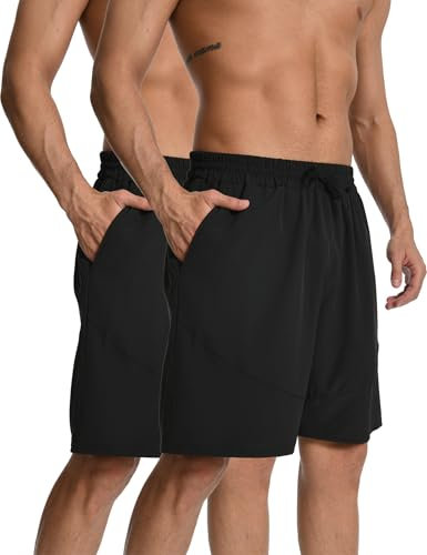 HovSiyla 2 Pack Herren sportliche Sport leicht atmungsaktiv Laufen Gym lässige Shorts mit Kordelzug Reißverschlusstaschen 2Schwarz L
