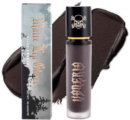 vaneria Flüssigkeit Matt schwarzer Lippenstift Matte Lip Gloss,Weihnachtstag Schwarz Glitzer Lippenstift,Feuchthaltender lila lippenstift,Ideal für Partys und einen Gothic-Look.(0.28 Oz,Braun)
