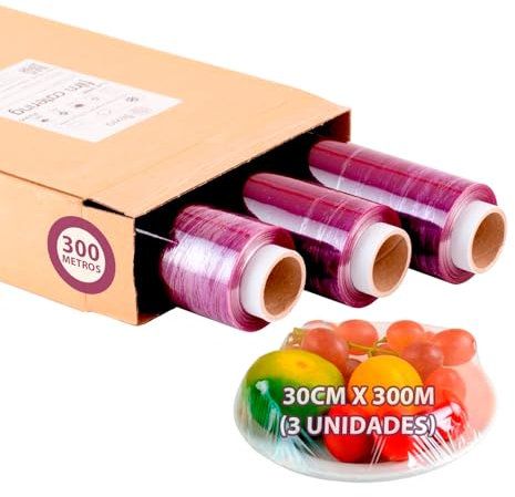 Mundo Home Papel Film Transparente Alimentario 300 metros - Papel Transparente Elástico para Cocina, Catering y Embalaje - Rollo Film Industrial (3, 30x300)