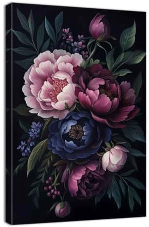 ZQQART Vintage Wandbild auf Leinwand dunkle Pfingstrosen rosa weiße Blumen Bilddrucke Blumenblüten Gemälde Dekoration Kunstwerk gerahmt fertig zum Aufhängen(Weiß,30x45cm)