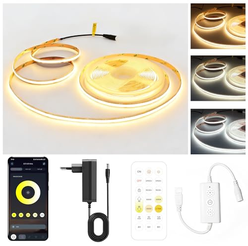 AXMOTUT LED Strip 5M CCT, Bluetooth CCT COB LED Streifen mit APP & Fernbedienung, Musik Sync, Dimmbar 2700K-6500K Farbwechsel Lichtband, Selbstklebend LED Beleuchtung für Zimmer, Schlafzimmer