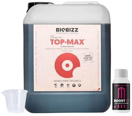 GROWMANIA Top Max de BioBizz 5L + Muestra Boost Up de Up Nutrients + Vaso Medidor | Solución Orgánica para Floración Extensiva | Ideal para Grandes Jardines y Huertos