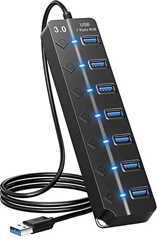 Fangxuee 7 Puertos USB Hub Splitter Multi Hub USB 3.0 Adapter USB Varios Puertos Adaptador de Corriente con Interruptores y Luces
