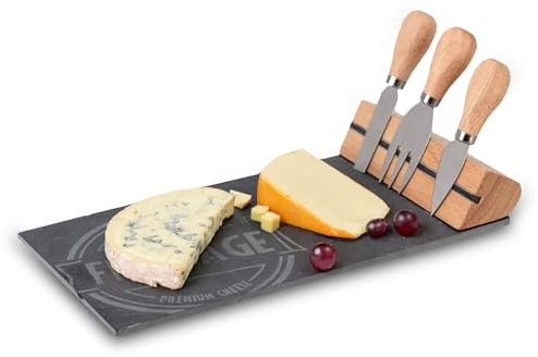 MiCasa SuCasa Käsebrett aus Holz & Schieferstein + Käsemesser Set