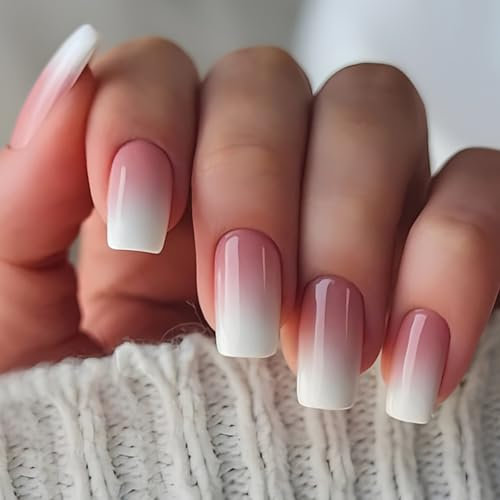 Ombre Press on Nails - 24Pcs False Nails with Glue - Medium Square Fake nails - Nude White Ombre Stick on Nails - 12 Size Full Cover Nail Tips Long Last for Summer French Manicure