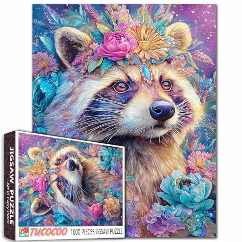 Raccoon Night Puzzle 1000-Piece Moonlit Forest Scene Anime Mask Design Glowing Flowers 27x20 Inches Complex Adult Jigsaw Activity