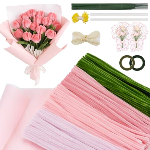 JelyArt Pfeifenreiniger Blumen Set für Ewige Blumensträuße 400 Stück Bunte Pfeifenputzer zum Basteln DIY Tulpen & Lilien Geschenk-Set mit Blumendraht, Band & Staubblättern Geschenke für Frauen