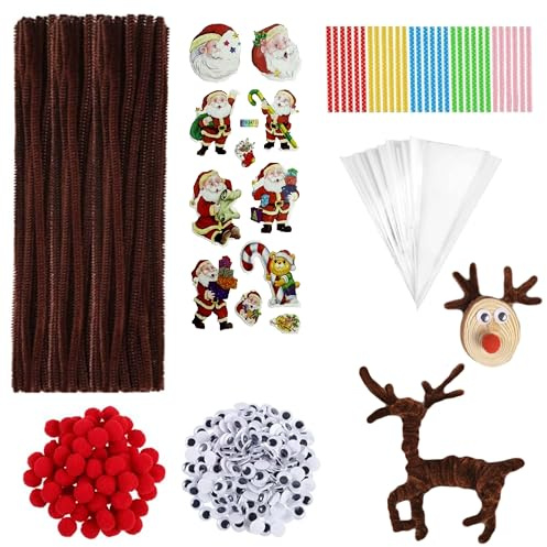 100 Stück Weihnachts Rentier Bastelset mit 100 braune Pfeifenputzer, 100 Süßigkeitentüten, 100 Bandstreifen, 100 rote Pompons, 100 Wackelaugen & Weihnachtsstickern. Ideal für DIY, Basteln & Geschenke