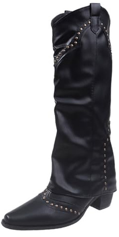 AlkYutd Stivali da donna vintage con rivetti pieghevoli sotto il ginocchio Slip-On Shark Boots, Nero, 8.5