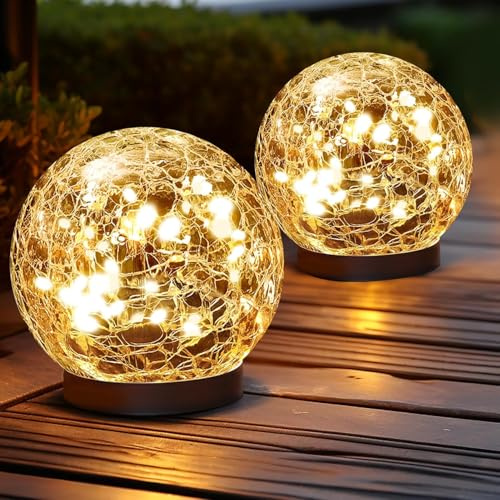 Lot de 2 lampes solaires de jardin rondes en verre craquelé - Décoration d'extérieur - Étanche - LED chaude - Pour paysage, allée, cour, pelouse, allée, jardin (lumière jaune)