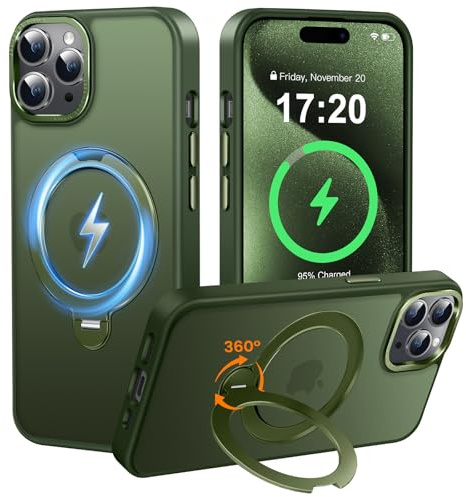 PuyaTeya für iPhone 15 Pro Hülle mit 360° Magnet ständer, Matt Grün | Militärischer Schutz, Anti-Rutsch/Kratzfeste, unterstützt Quer-und Hochformat HandyHülle Für iPhone 15 Pro