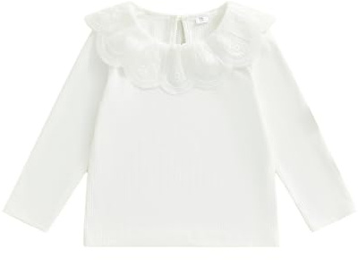 Yigubigu Kids Girls Spring Fall T-Shirt Lace Patchwork Doll Collar Long Sleeve Ribbed Pullover Tops Casual Baby Clothes