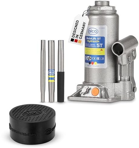 alca® Wagenheber Set hydraulisch 5 t 197-382 mm Hubhöhe inkl. Gummiauflage | Doppelkolben Stempelheber aus Stahl im Bundle, TÜV-Zertifiziert, Unterstellheber für Auto, PKW, SUV, Caravan, Anhänger