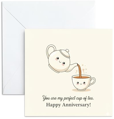 Happy Anniversary Card For Parents, 'Perfect Cup of Tea' Design. Cute Anniversary Greeting Cards for Husband, Wife, Him or Her, 13x13cm, Blank Inside & Envelope Included