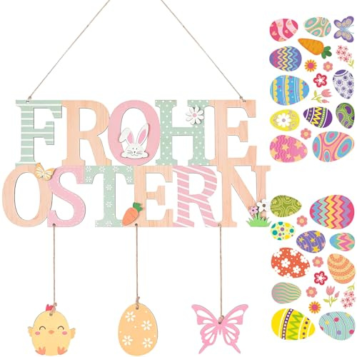 Türschild Ostern, Willkommensschild Haustür Oster Deko Türhänger Osterdeko Holz zum Aufhängen mit Küken & Hase, Türdeko Ostern mit 2 Stück Osterdeko Fenster für Haustüren, Wände, Fenster, Garte