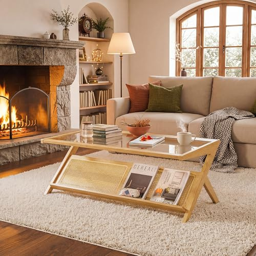 Estiliza Couchtisch Glas, 120 x 56 x 44 cm Coffee Table, Moderner Rechteckiger Kaffeetisch Geeignet für Wohnzimmer, Wohnung und Terrasse, Rustikale Eiche