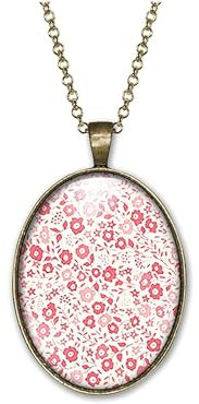 Collier fantaisie cabochon en verre, sautoir illustré, parure, Liberty rose , fleurs, rose, blanc (ref.12).