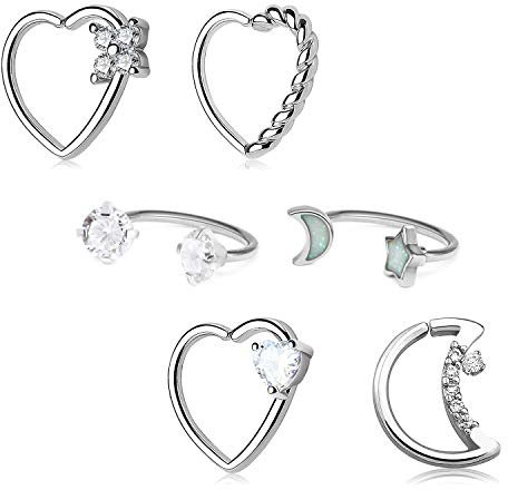 Longita Daith Rook Snug Tragus Piercing Earrings Stainless Steel 16G Heart Moon Shaped Horseshoe Rings Ear Cartilage Ring Body Piercing Jewelry 6PCS-Silver