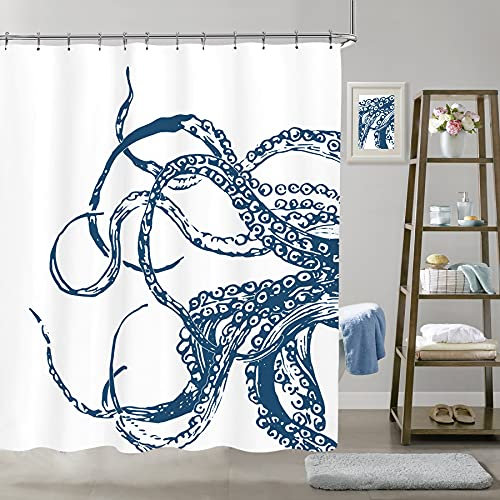 LIGHTINHOME Octopus Duschvorhang 183 x 183 cm (B x H) Marineblau Ozean Kraken Riesen Tentakel Meerestiere Mythische nautische Tiere Stoff Wasserdicht Badezimmer Home Decor Set 12 Kunststoffhaken