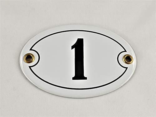 Emaille Hausnummer Schild Nr. 1, oval, Weiß-Schwarz mit Schrauben und Dübel Handarbeit