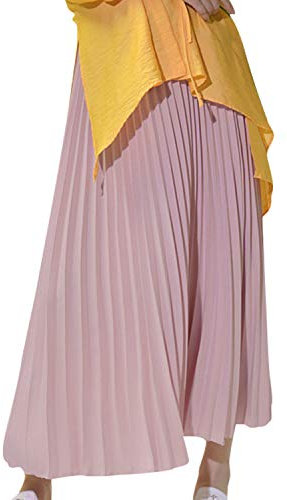 Damen Mädchen Plisseerock in Maxilänge Plissee-Maxirock Elastische Chiffon Langer Faltenrock Elastischer Bund für Frühling Sommer Herbst - 90cm Einfarbig Pink