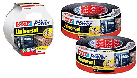 tesa extra Power Universal Gewebeband - Weiß - 10 m x 50 mm (+ 2 große Rolle Schwarz 50 m x 50 mm)