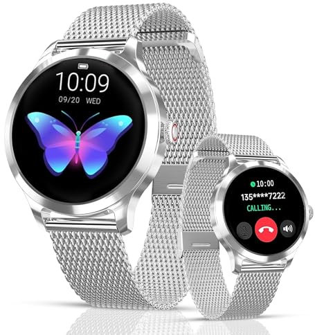 LUNIQUESHOP Round 2 Montre Connectée Femme Appel téléphone| Assistance Vocale| Smartwatch Tactile Taille Ronde + 120 Sports | Fréquence Cardiaque | Montre Intelligente Android iOS Argent