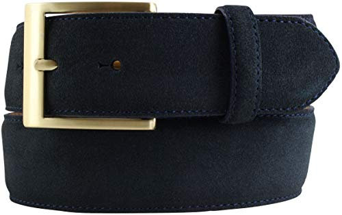 Gürtel aus Veloursleder mit goldener Gürtelschnalle 4 cm | Velour-Ledergürtel 40mm | Wildleder-Gürtel 4cm | Dunkelblau 90cm