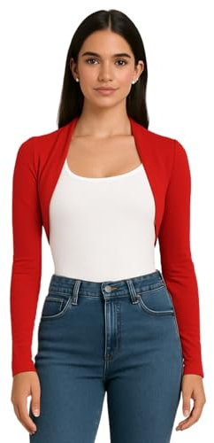 STAR FASHION Womens Long Sleeve Bolero Shrug Ladies Mini Blouse Open Front Cropped Top Lightweight Summer Cardigans Jacket Red 12-14