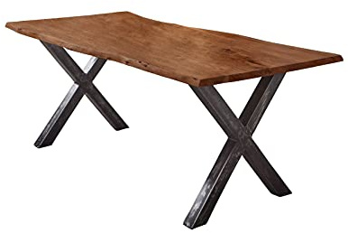 SAM Esstisch Bergamo 240x100 cm Akazie nussbaum Baumkante X Vintage schwarz | Baumkantentisch massiv, Akazienholz nussbaumfarben lackiert, 26 mm Tischplatte, Metallgestell, Esszimmertisch