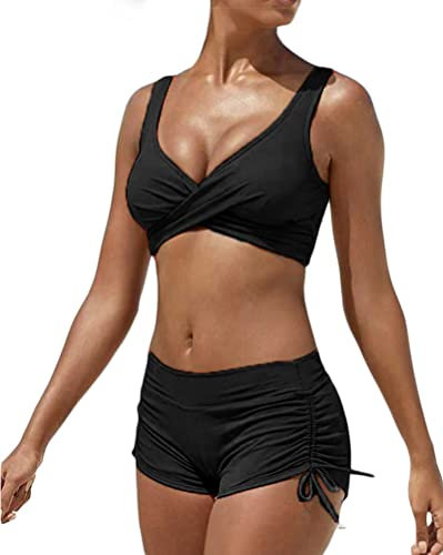Minetom Femme Bikini Ensemble Tankini Imprimé Push up Maillots de Bain 2 Pièces Hauts Taille Haute Short Swimwear A Noir M
