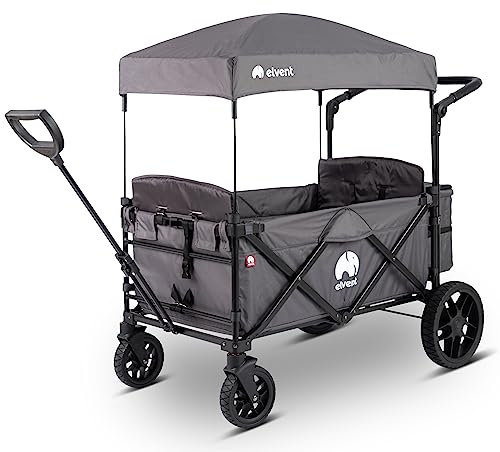 elvent® Allrounder Premium Bollerwagen - faltbar mit Dach | Sitzpolster, Hecktasche, Feststellbremse, Off-Road-Reifen, 5-Punkt-Gurt I 2 Kinder (Grau)