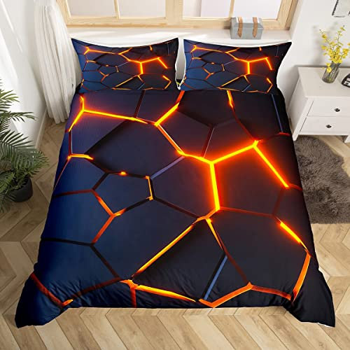 Homemissing Parure de Lit Nid d'abeille 200x200cm Rouge Noir Feu Parure Hexagonale Housse de Couette Ruche Parure de Lit Géométrique Respirante Simpliste Décor de Chambre