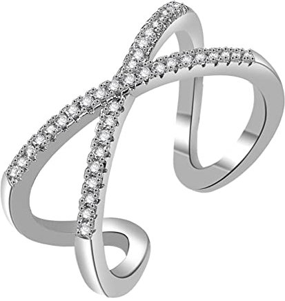 HMOOY X Ring, Zirkonia Criss Cross Ring für Damen Verstellbarer Offener Stapelbarer Ring X Kreuzring für Verlobung Hochzeit Minimalistischer Schmuck (Silber)