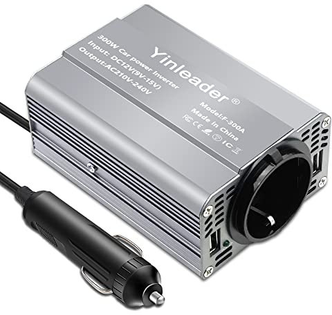 Yinleader convertisseur de Courant 300W Adaptateur de Voiture 12V DC à 230V 240V AC 1 Prise EU 2 Ports USB Chargez Votre Tablette, iPhone, iPad.