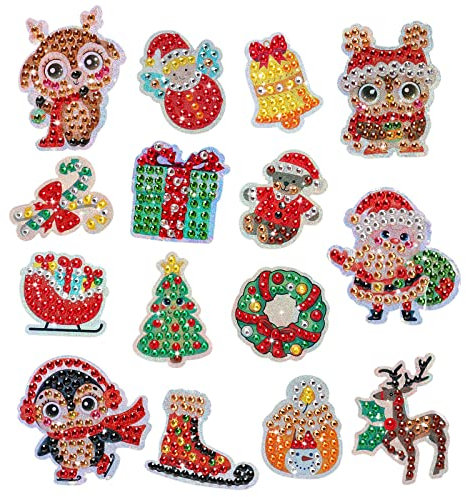 Mwoot 5D DIY Noël Diamond Art Painting Stickers pour Enfant, Peinture Diamant Décalcomanies, 5D Christmas Strass Peinture Autocollants Peinture par Numéros pour Cadeaux, Journal Décoration(15 Modèles)