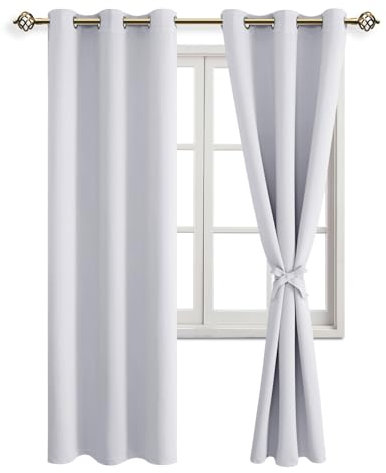 JIUZHEN Blickdicht Vorhänge Verdunkelungsvorhang mit Vorhang-Krawatten Gardinen Ösenvorhang für Schlafzimmer Wohnzimmer, Grau Weiß, 2 Stück, 228x117cm(HxB)