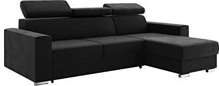 MEBLINI Schlafcouch mit Bettkasten - Ecksofa mit Schlaffunktion - Sofa mit Relaxfunktion und Kopfstützen - Couch L-Form - Eckcouch - Wohnlandschaft - Voss - 242x168x79cm Rechts - Schwarz Samt