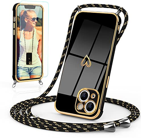 Togestar Handykette Hülle für iPhone 14 Handyhülle mit Band und Schutzfolie, Kameraschutz Herz Love Design 360 Grad Stoßfeste Schutzhülle Silikon TPU mit Kordel zum Umhängen, Schwarz