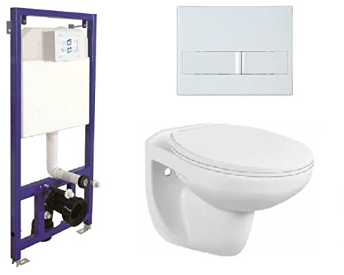 WC Komplettset Spülrandlos Sitz Soft Close Vorwandelement Unterputz Spülkasten Vorwandspülkasten Keramik Unterputzspülkasten Wand WC Set Schüssel + Drückerplatte (Betätigungsplatte 9)